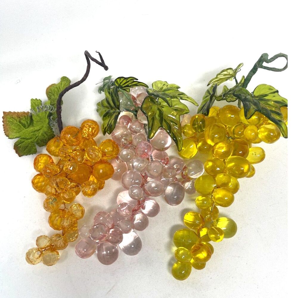 MCM Vintage Lucite Plastic Grapes Cluster Bunch Yellow, Pink, Orange Green Stem.